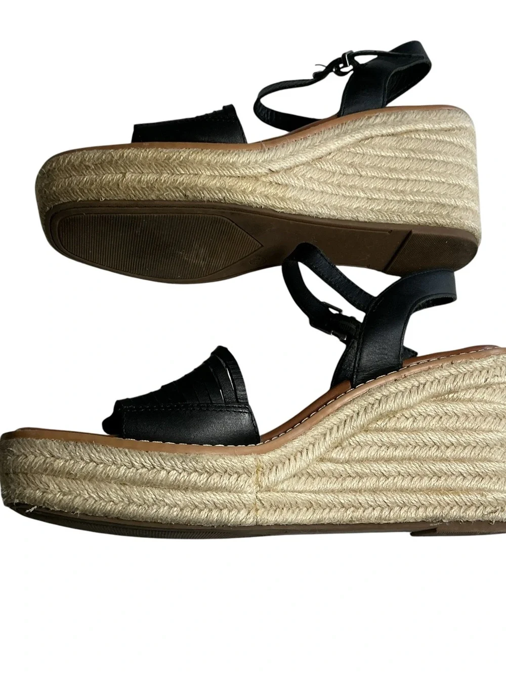 Crown Vintage Hendra Espadrille Wedge Sandals Black Leather Strappy Size 8.5 M